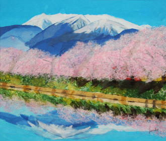 蔵王連山を望む土手桜